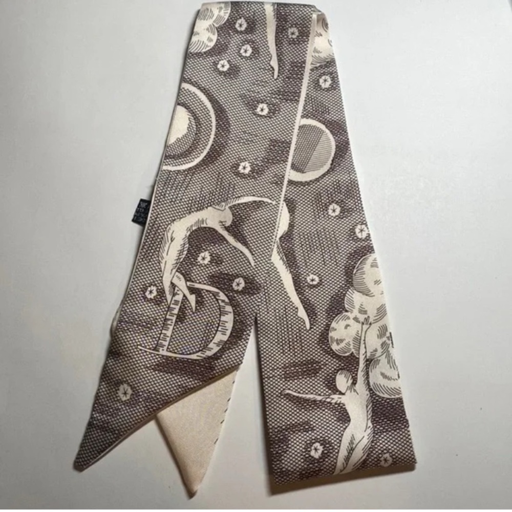 D Logo Brown Cream Satin Ethereal Print Mitzah Scarf Purse handle Tie Hair neck